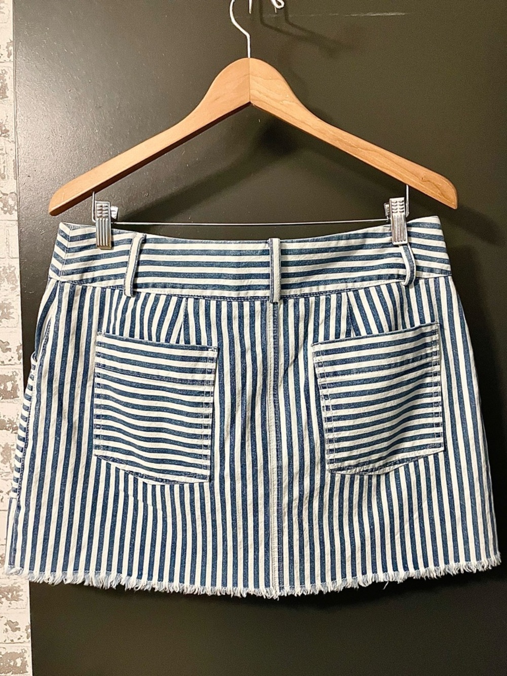 NWOT Self Contrast Blue White Striped Mini Skirt Pockets Cotton Size Large USA - Picture 6 of 7